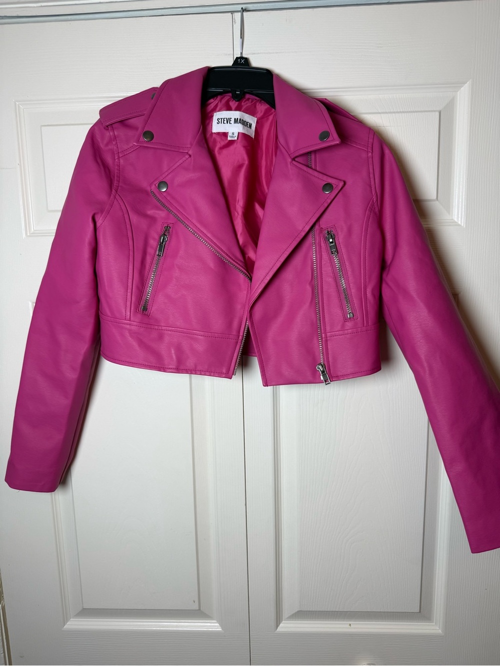 Steve Madden Barbiecore Pink Molly Cropped Faux Leather Moto Jacket